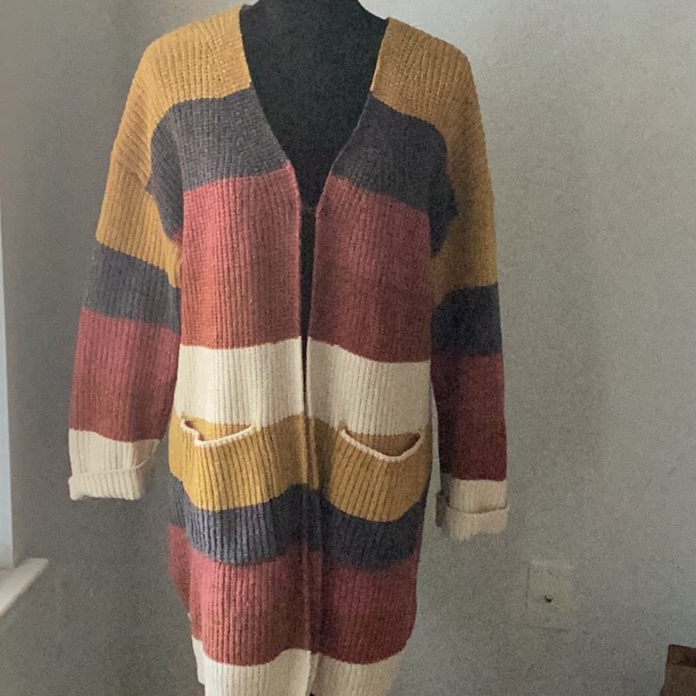 Striped Open-Front Cardigan Sweater - Mustard, Rust & Cream